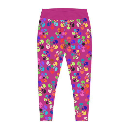 Colorful Alien Print Plus Size Leggings Fun Fashion Plus Size Activewear Casual Wear Unique Gift Festival Pants Alien Rainbow Flowers Pink