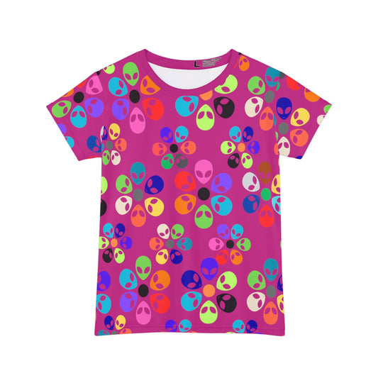 Colorful Alien Print Womens Tee Fun Graphic Shirt for Casual Wear Unique Gift for Alien Lovers Perfect for Festivals and Everyday Style Alien Rainbow Flowers Pink