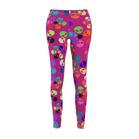 Colorful Alien Print Womens Leggings Casual Streetwear Graphic Leggings for Festivals Comfortable Activewear Unique Gift Idea Alien Rainbow Flowers Pink