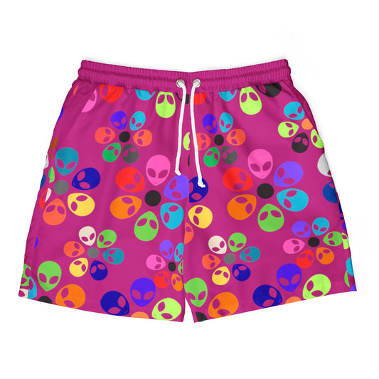 Colorful Alien Print Unisex Swim Shorts Beachwear Summer Style Pool Party Trendy Swim Trunks Vacation Swim Shorts Alien Rainbow Flowers Pink