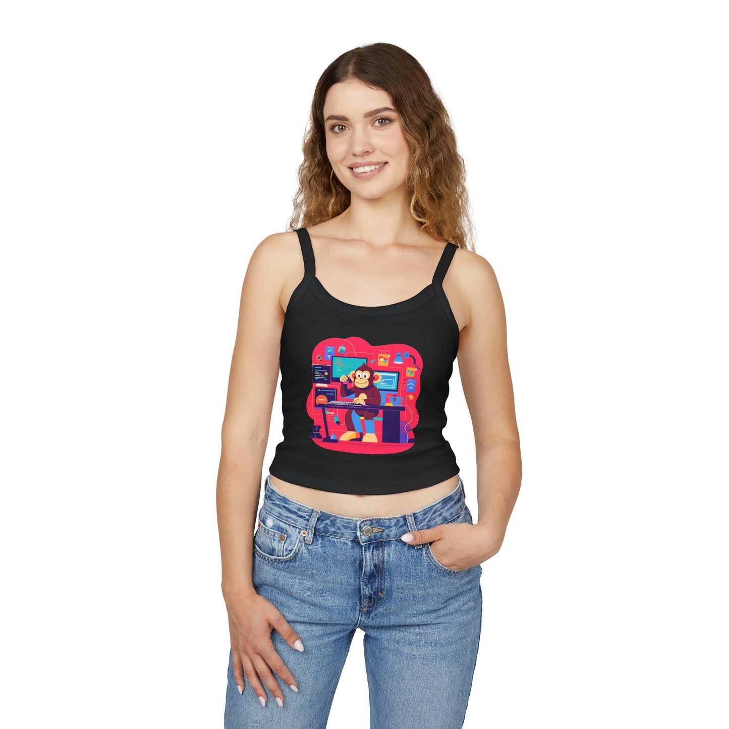 Playful Monkey Graphic Spaghetti Strap Tank Top - Fun Casual Wear, Summer Beach, Gift for Animal Lovers, Cute Pajama Top, Creative [...]