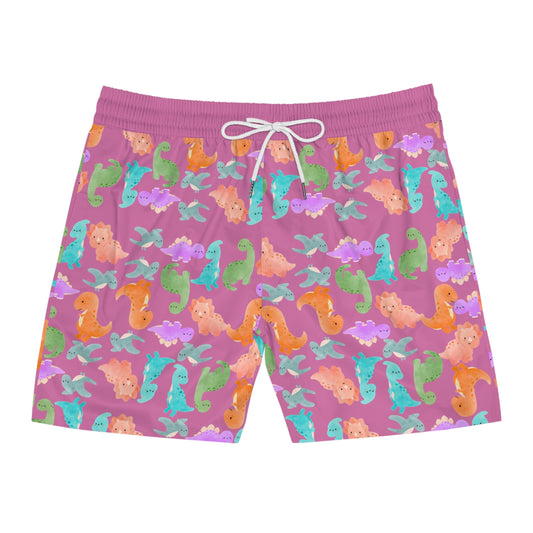 Colorful Dino Swim Shorts for Men | Beachwear Summer Fun Pool Parties Vacation Essentials Nautical Style Rainbow Dinos Light Pink