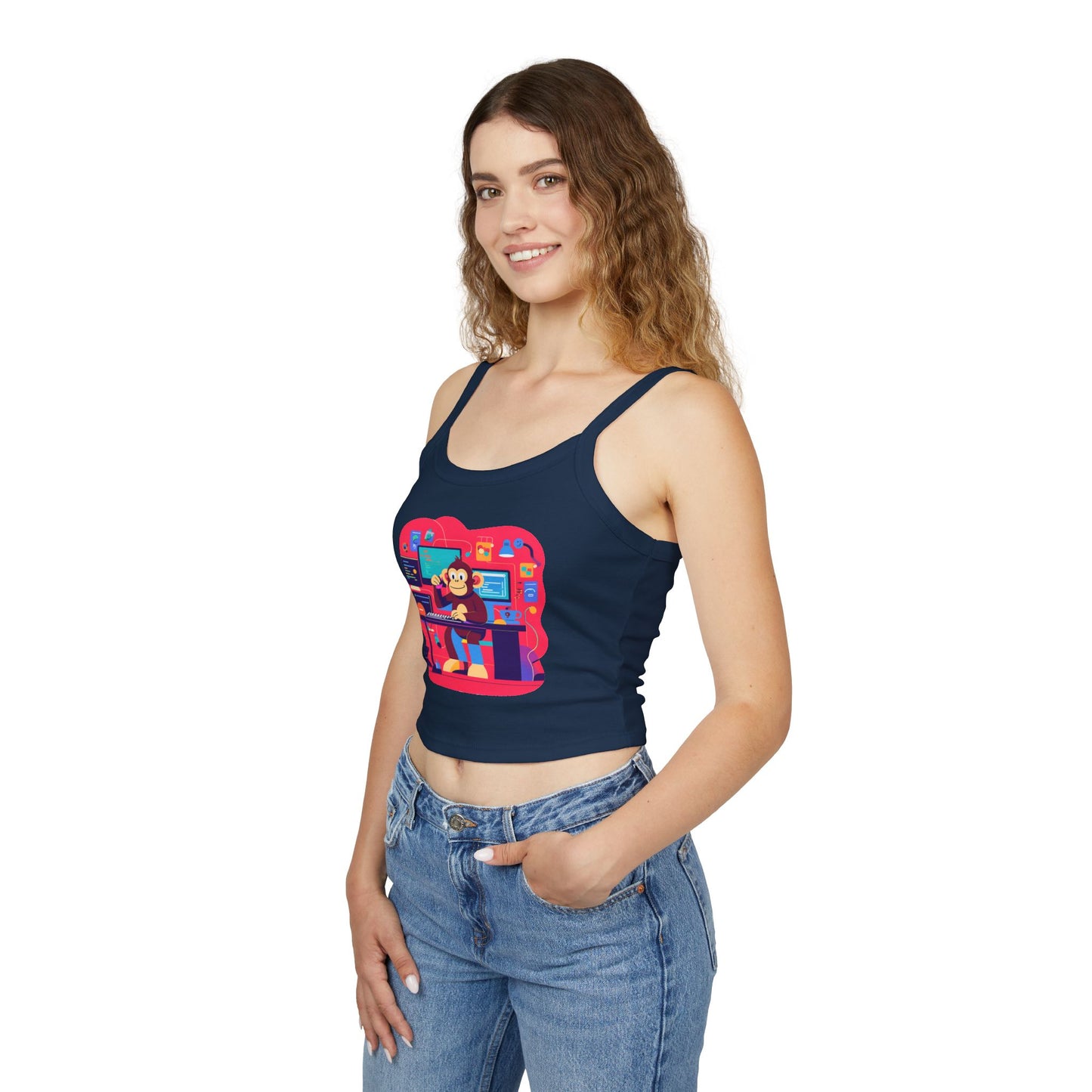 Playful Monkey Graphic Spaghetti Strap Tank Top - Fun Casual Wear, Summer Beach, Gift for Animal Lovers, Cute Pajama Top, Creative [...]