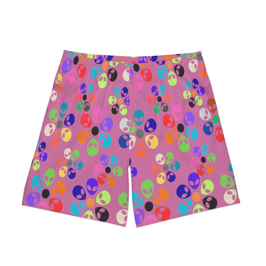 Colorful Alien Print Beach Shorts Mens Beachwear Casual Summer Shorts Vacation Swim Trunks Fun Festival Outfit Alien Rainbow Flowers Light Pink