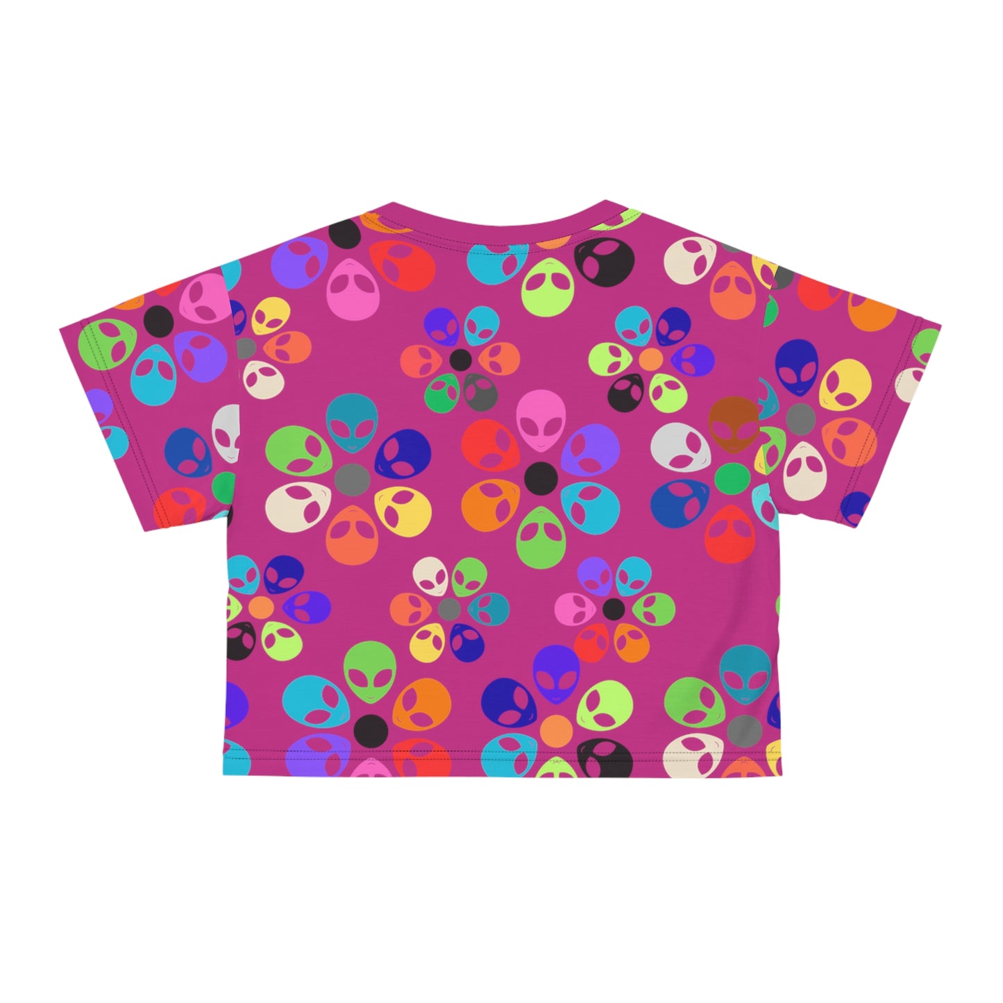 Colorful Alien Print Crop Tee Fun Crop Top Gift for UFO Lovers Casual Summer Tee Trendy Graphic Shirt Unique Festival Wear Alien Rainbow Flowers Pink