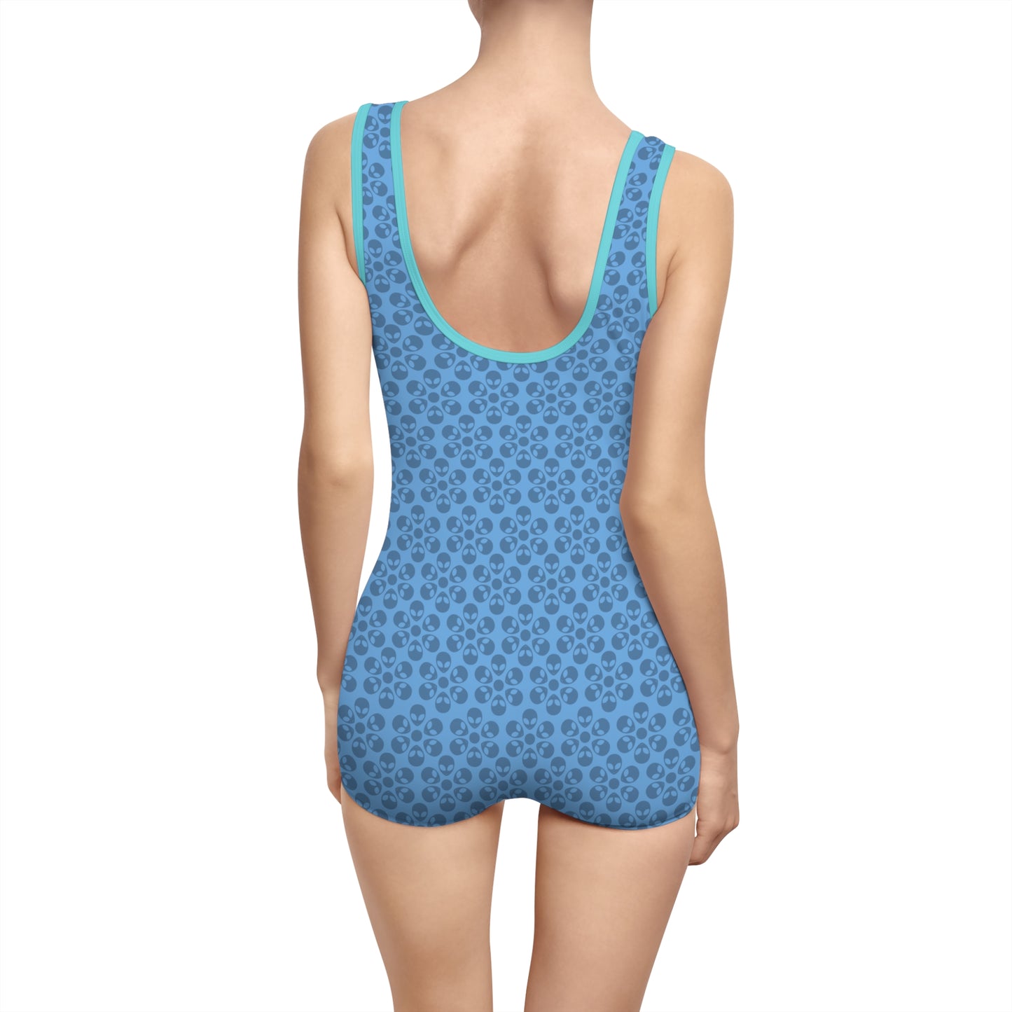 Womens Vintage Swimsuit  Alien Flowers Light Blue