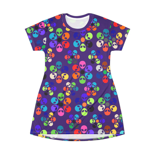 Colorful Alien TShirt Dress | Fun Casual Wear Summer Dress Festival Outfit Gift for UFO Lovers Unique Print Alien Rainbow Flowers Purple