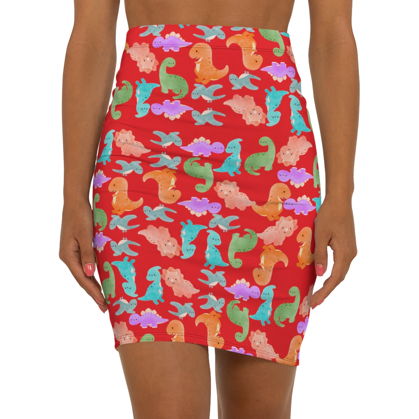 Dinosaur Print MidWaist Pencil Skirt for Fun and Playful Style Womens Skirt Cute Skirt Fashionable Skirt Casual Skirt Gift Idea Rainbow Dinos Red