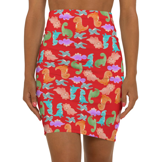 Dinosaur Print MidWaist Pencil Skirt for Fun and Playful Style Womens Skirt Cute Skirt Fashionable Skirt Casual Skirt Gift Idea Rainbow Dinos Red