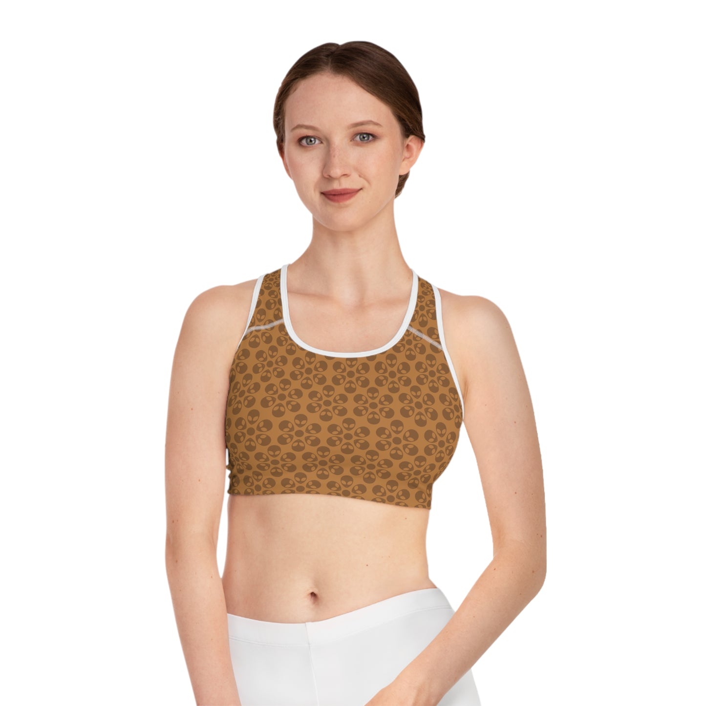 Trendy Floral Pattern Sports Bra Workout Bra for Women Fitness Gear Yoga Top Gym Wear Gift for Athletes Alien Flowers Light Brown
