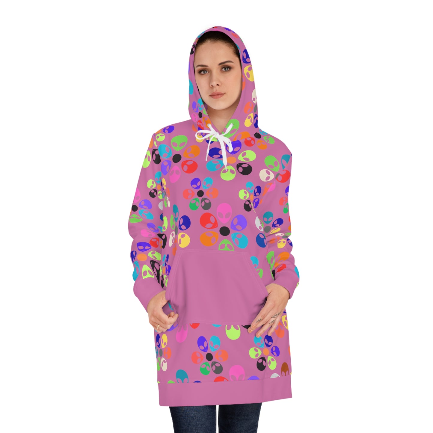 Colorful Alien Floral Womens Hoodie Dress Trendy Casualwear Halloween Fashion Unique Gift for Her Fun Everyday Style Alien Rainbow Flowers Light Pink