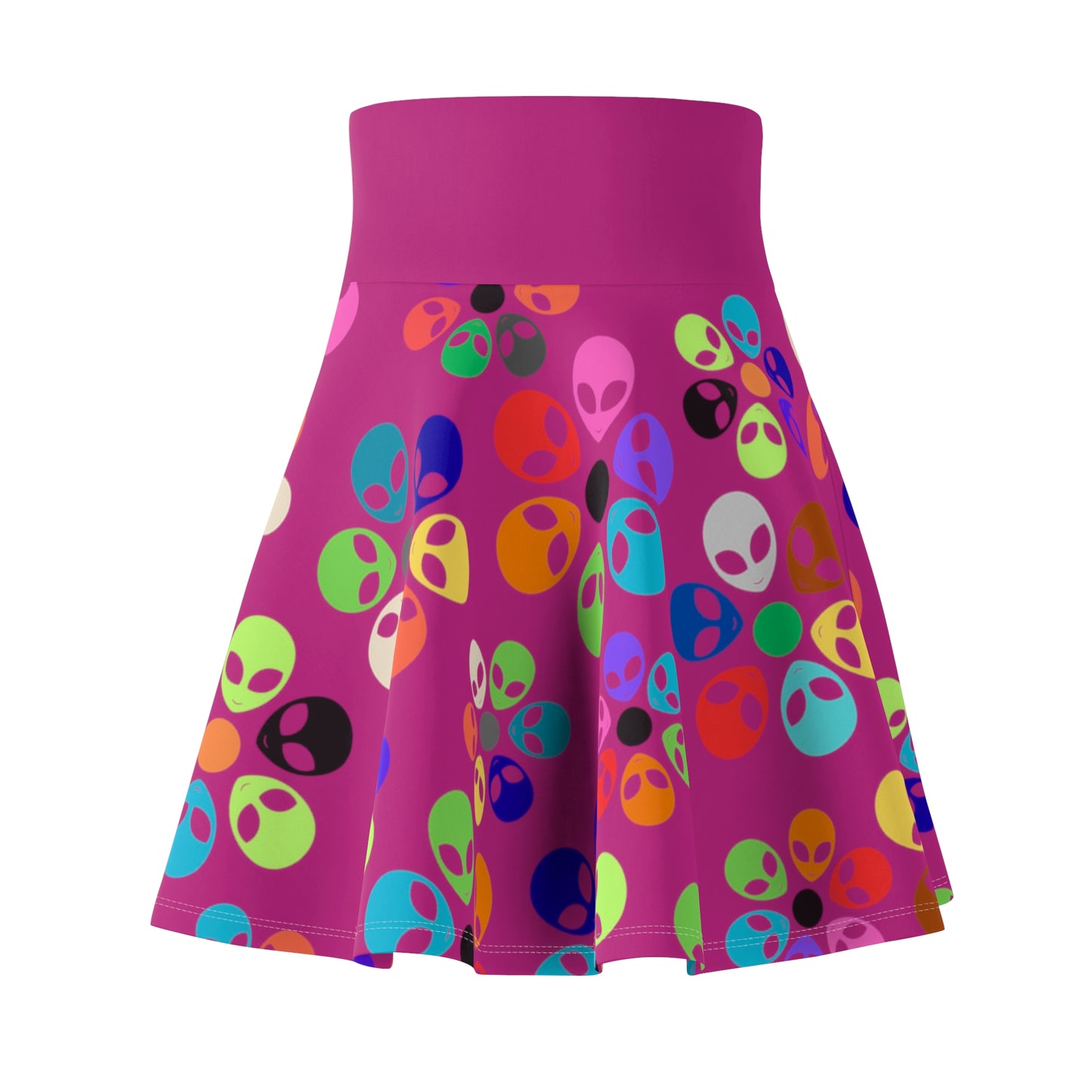Colorful Alien Print Womens Skater Skirt Fun Fashion Summer Vibes Festival Wear Unique Style Casual Skirts Gifts for Her Alien Rainbow Flowers Pink