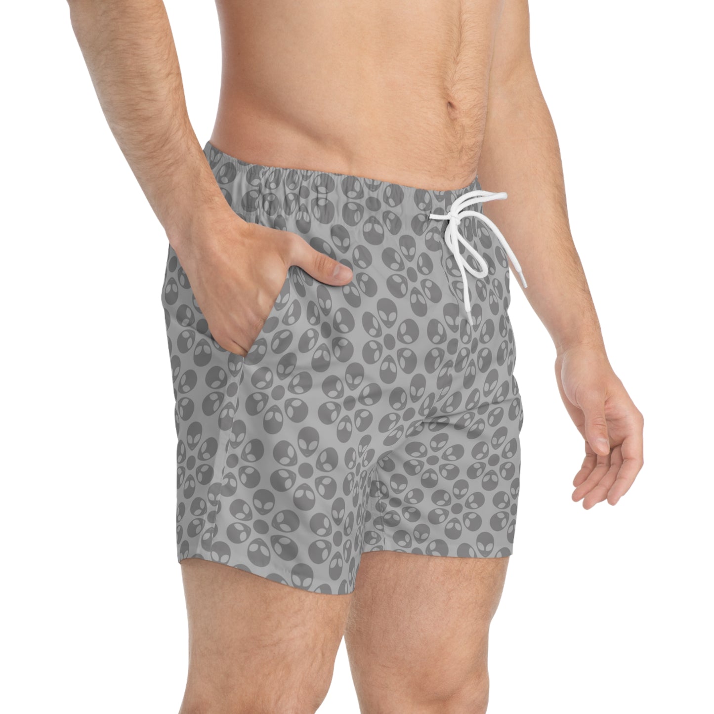 Stylish AOP Swim Trunks for Beach Days Summer Fun Pool Parties Vacation Wear Gift for Him Alien Flowers Light Grey