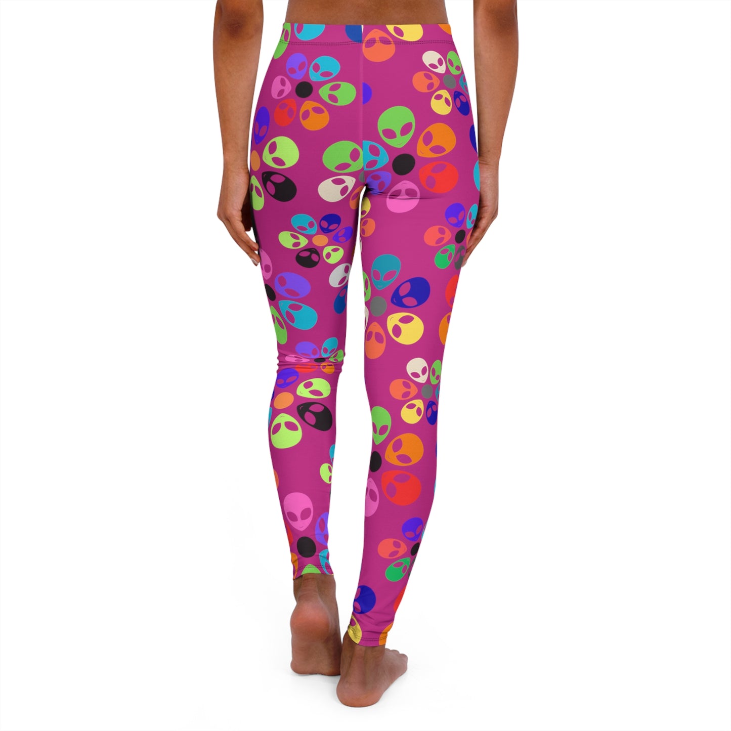 Colorful Alien Print Spandex Leggings Fun Workout Pants Casual Everyday Wear Gift for SciFi Lovers Unique Fashion Leggings Alien Rainbow Flowers Pink