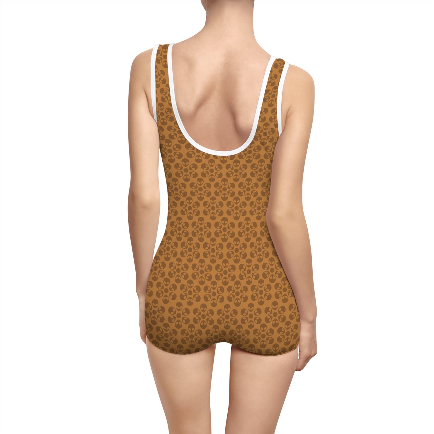 Womens Vintage Swimsuit  Alien Flowers Light Brown