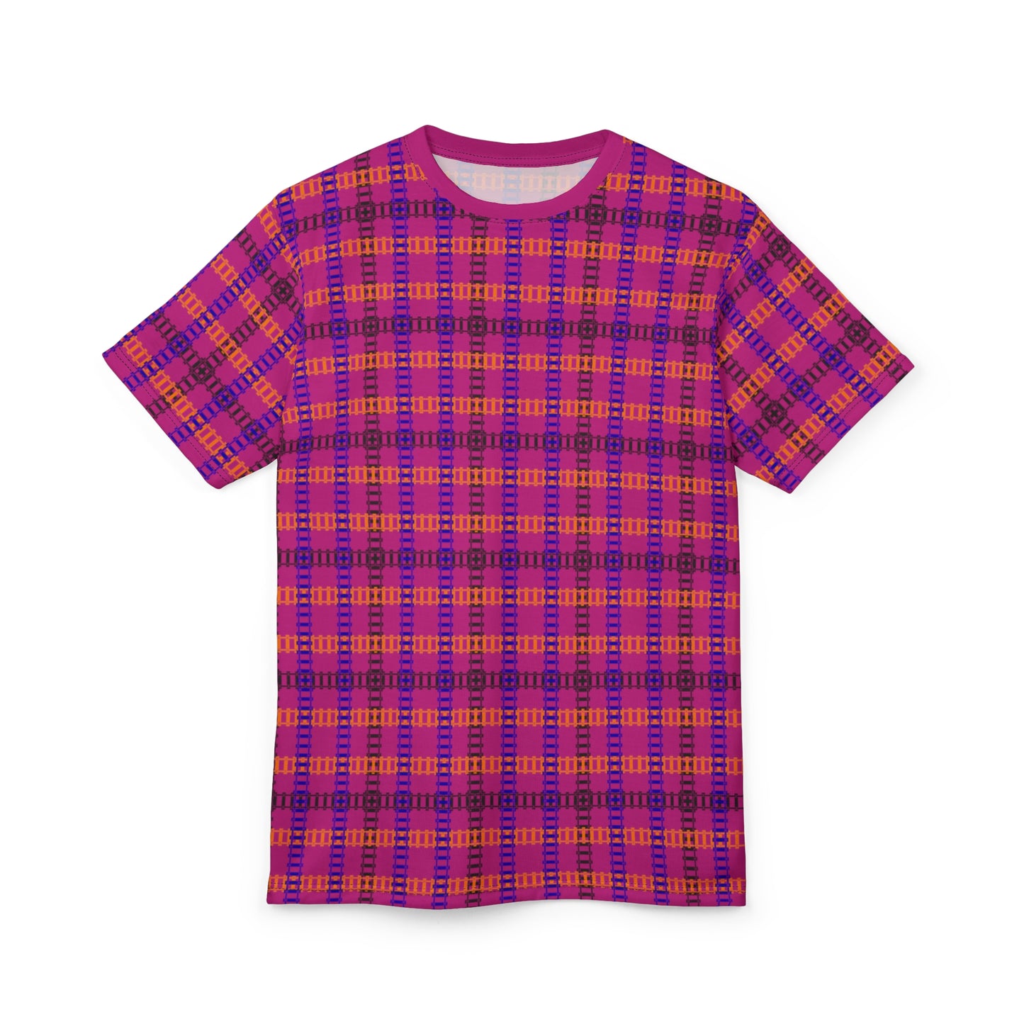 Stylish Plaid Unisex Tee for Everyday Wear Casual Graphics Tee Unique Patterned TShirt Trendy Streetwear Top Perfect Gift for Friends Train Tracks Pink