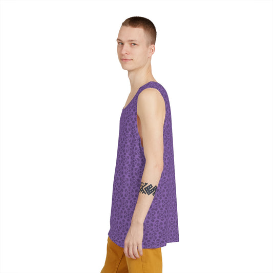 Stylish Mens Tank Top  AOP Leopard Print Summer Wear Fitness Gear Casual Apparel Trendy Vacation Outfit Alien Flowers Light Purple