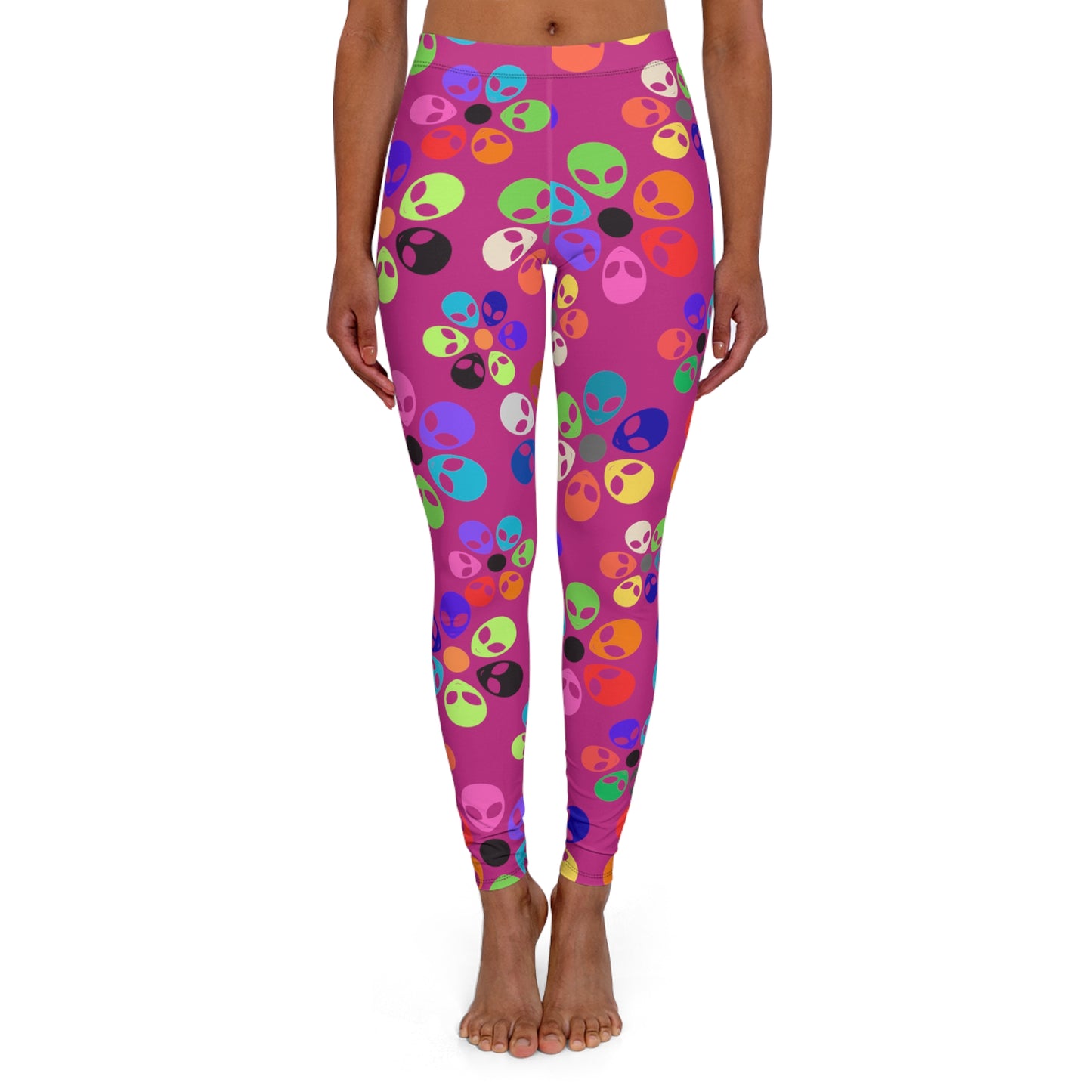 Colorful Alien Print Spandex Leggings Fun Workout Pants Casual Everyday Wear Gift for SciFi Lovers Unique Fashion Leggings Alien Rainbow Flowers Pink