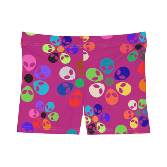 Colorful Alien Floral Womens Shorts Fun Summer Wear Vacation Shorts Festival Outfit Unique Gift for Her Alien Rainbow Flowers Pink