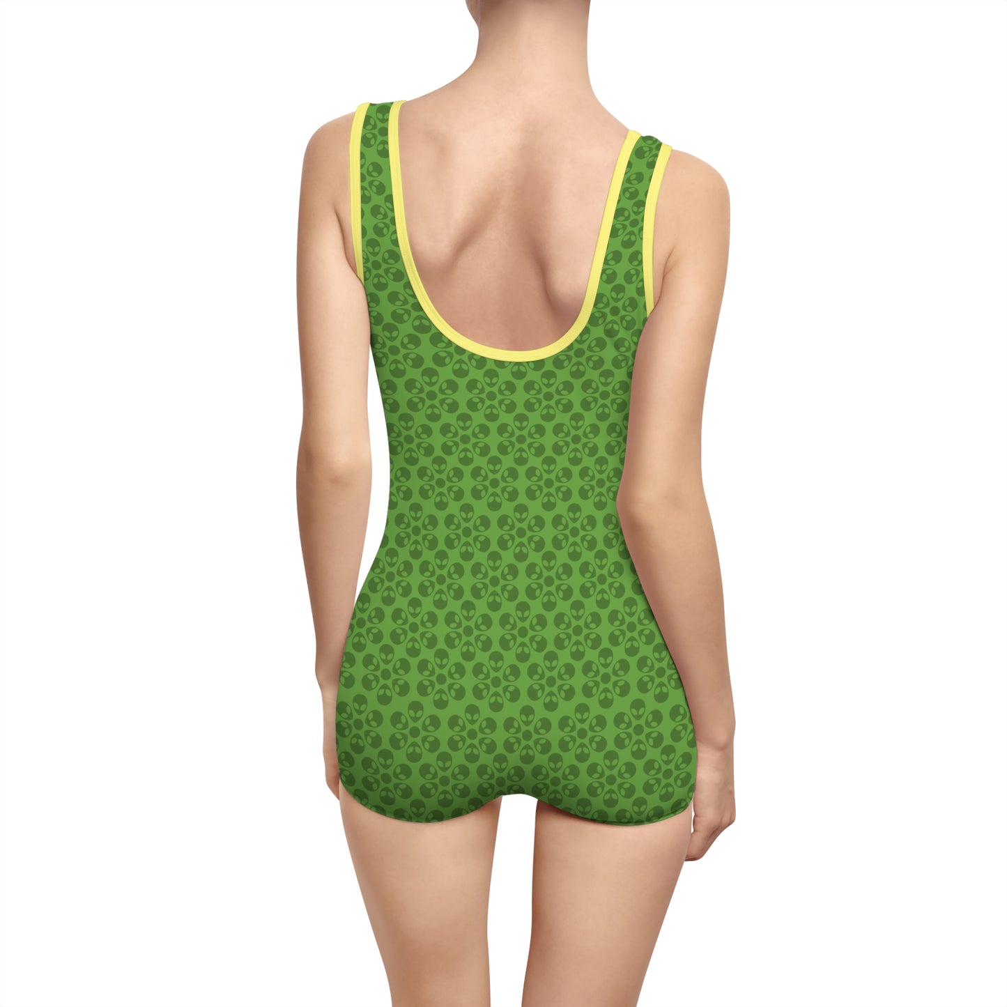 Womens Vintage Swimsuit  Alien Flowers Green