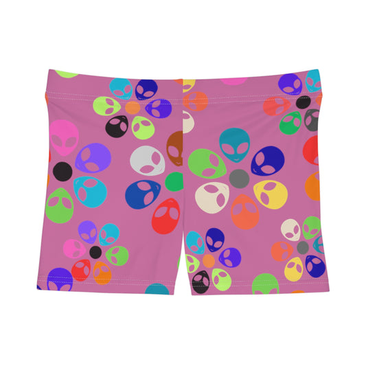 Colorful Alien Floral Womens Shorts Fun Summer Wear Vacation Shorts Festival Outfit Unique Gift for Her Alien Rainbow Flowers Light Pink