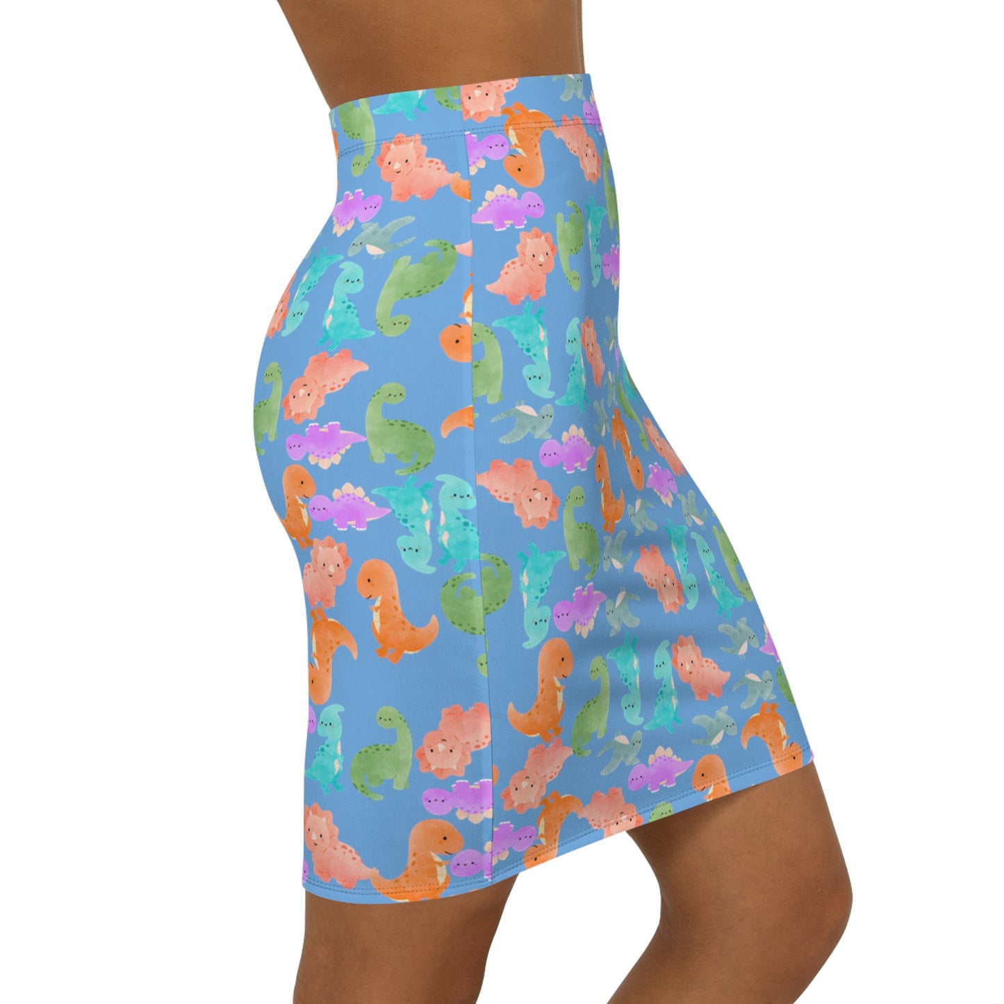 Dinosaur Print MidWaist Pencil Skirt for Fun and Playful Style Womens Skirt Cute Skirt Fashionable Skirt Casual Skirt Gift Idea Rainbow Dinos Light Blue