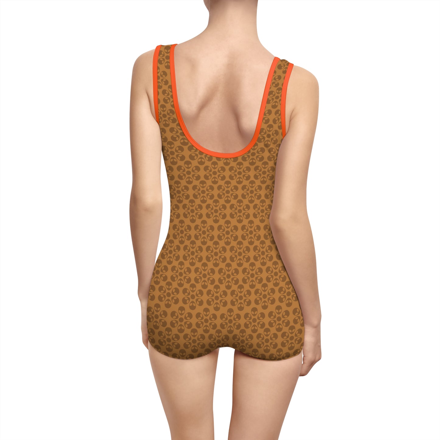 Womens Vintage Swimsuit  Alien Flowers Light Brown