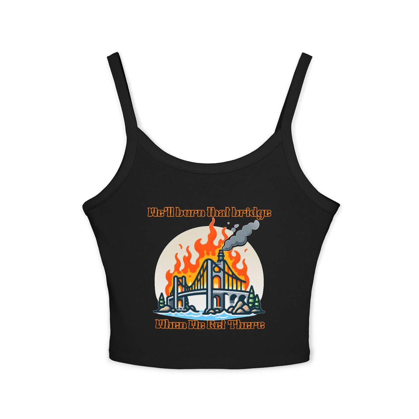 Fire Bridge Graphic Spaghetti Strap Tank Top - Casual Summer Apparel for Fun Days Out