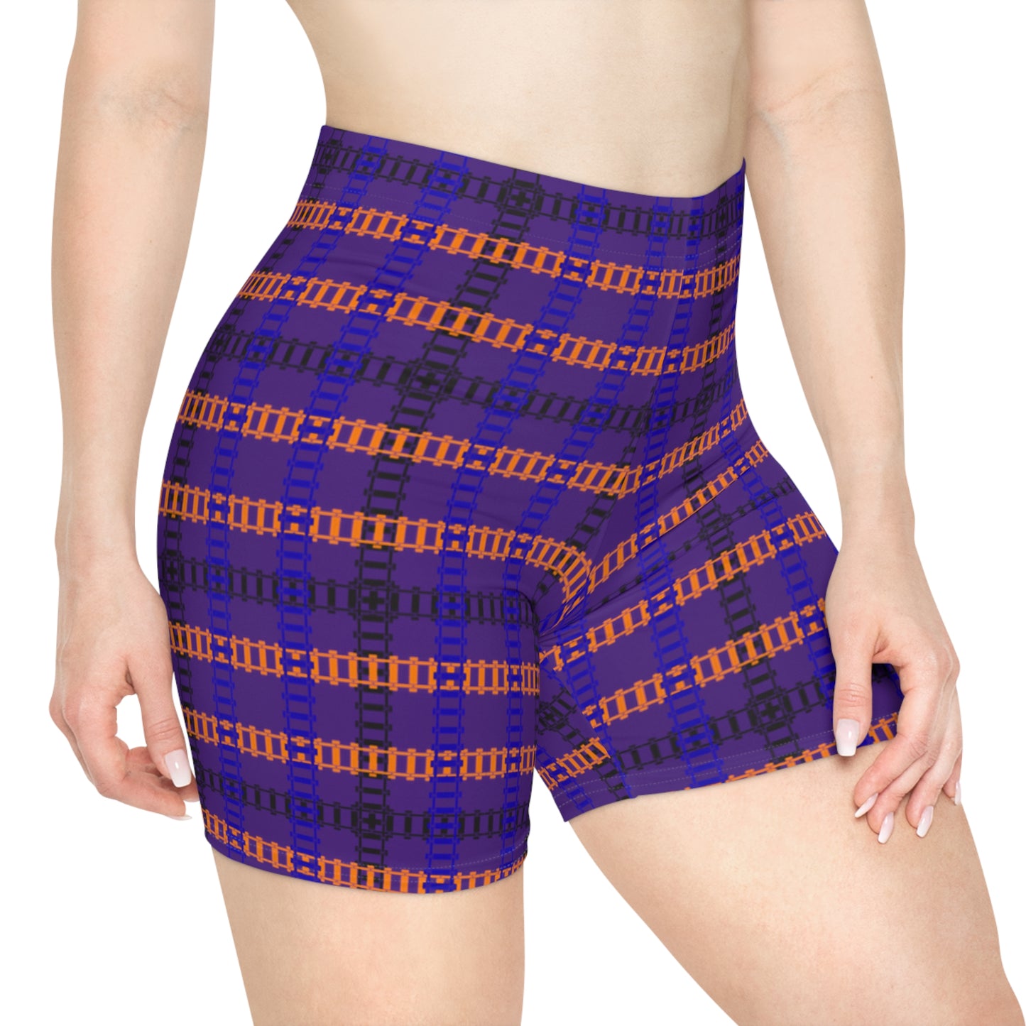 Stylish Womens Biker Shorts  Plaid Pattern Comfortable Activewear Summer Essentials Workout Gear Casual Fashion Gift Idea Train Tracks Purple