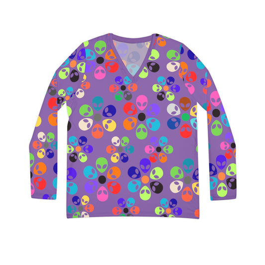Colorful Alien Print Womens Long Sleeve VNeck Shirt Fun VNeck Tee Boho Style Top Unique Gift for SciFi Lovers Casual Everyday Wear Alien Rainbow Flowers Light Purple