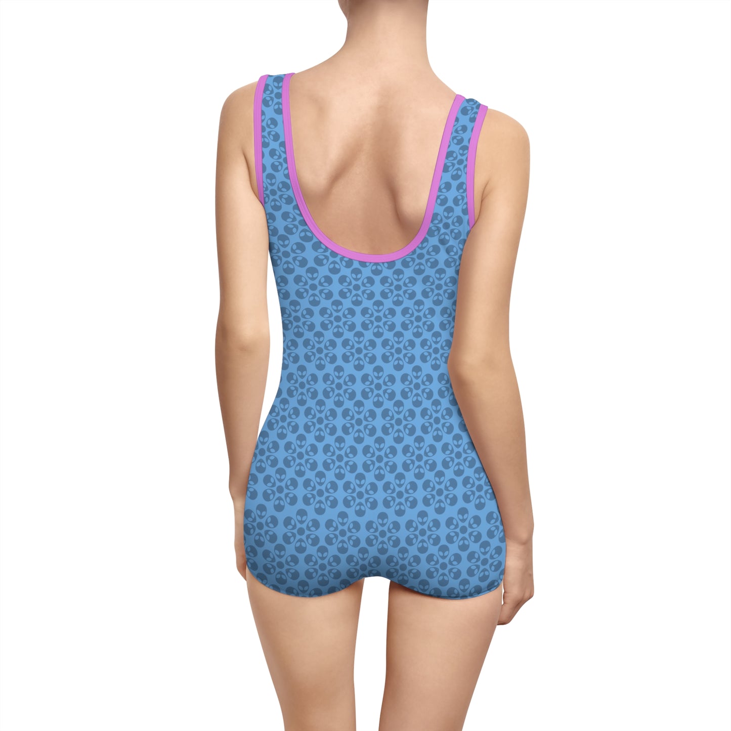 Womens Vintage Swimsuit  Alien Flowers Light Blue