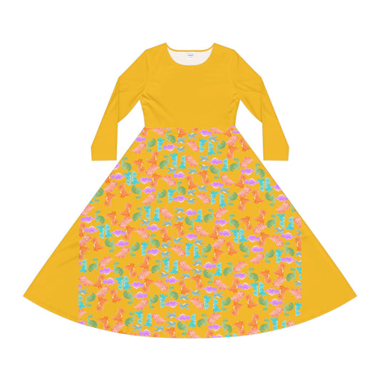 Colorful Long Sleeve Dance Dress Perfect for Parties Dance Events Spring Celebrations Playful Kids Dress Trendy Casual Wear Rainbow Dinos Yellow