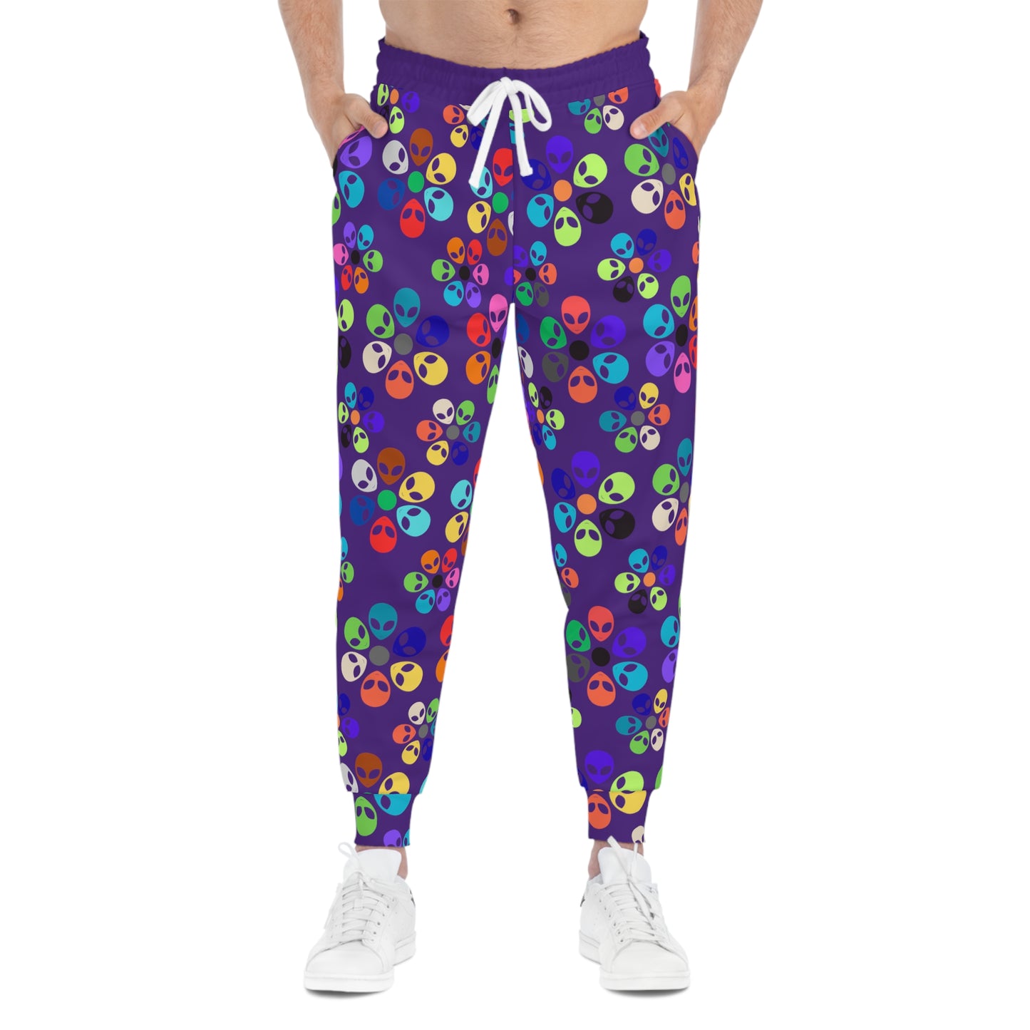 Colorful Alien Print Joggers Fun Athletic Pants Trendy Loungewear Unique Gift for Space Lovers Casual Daily Wear Unisex Joggers Alien Rainbow Flowers Purple