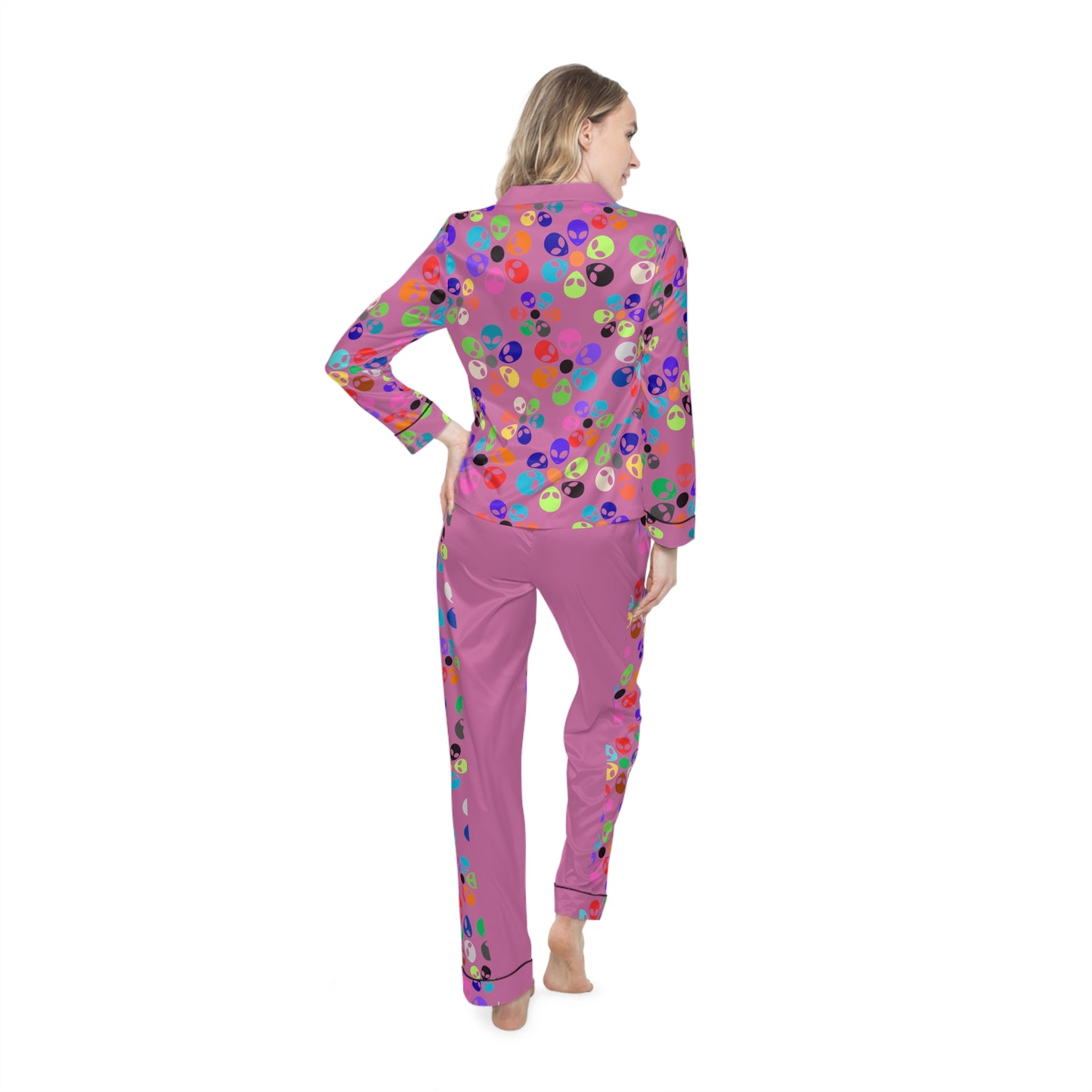 Colorful Womens Satin Pajamas Comfortable Sleepwear Set Cozy PJs for Women Vibrant Loungewear Cute Gift for Her Alien Rainbow Flowers Light Pink