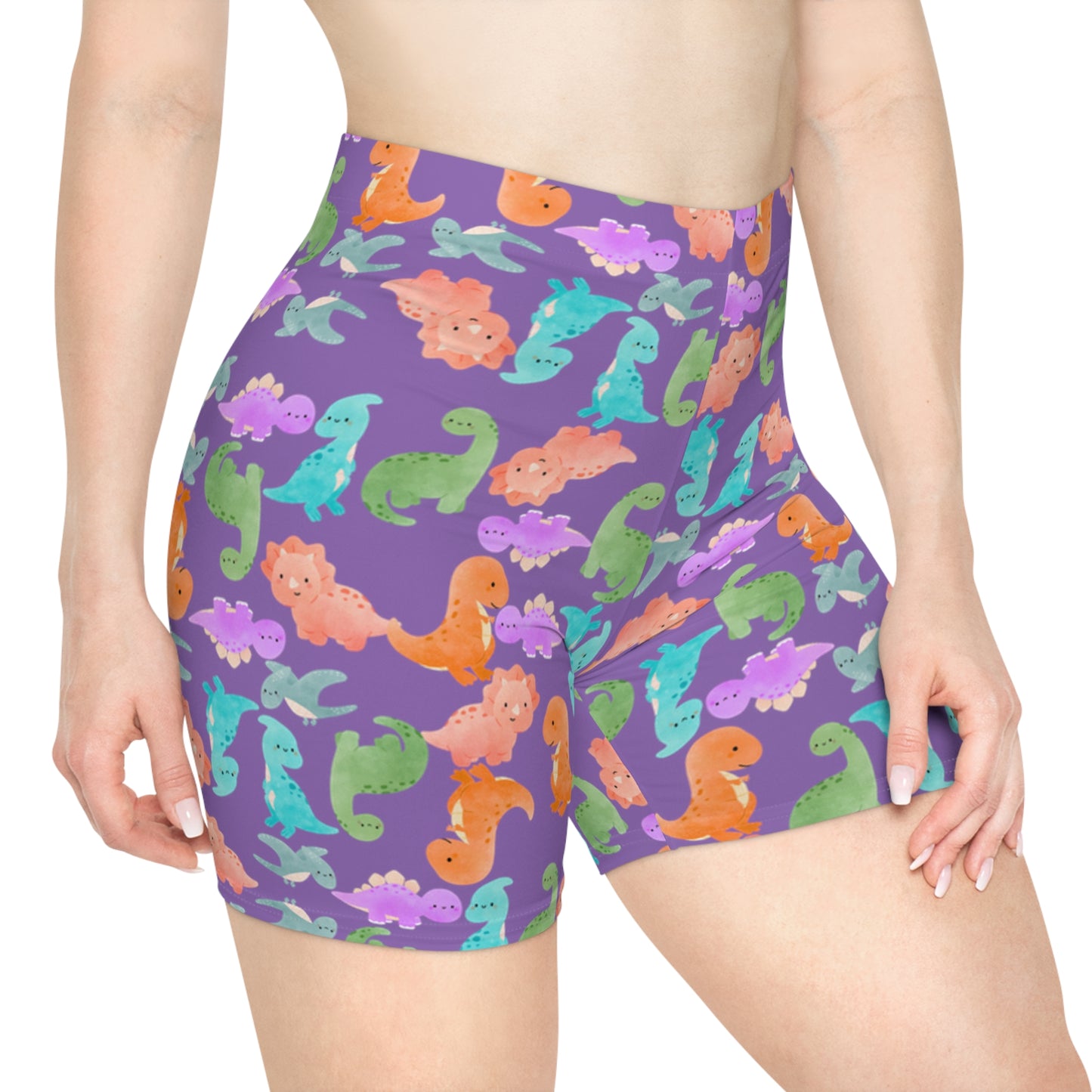 Colorful Dinosaur Womens Biker Shorts  AOP Perfect for Casual Wear workout Summer Birthdays Playdates Unique Gift Rainbow Dinos Light Purple