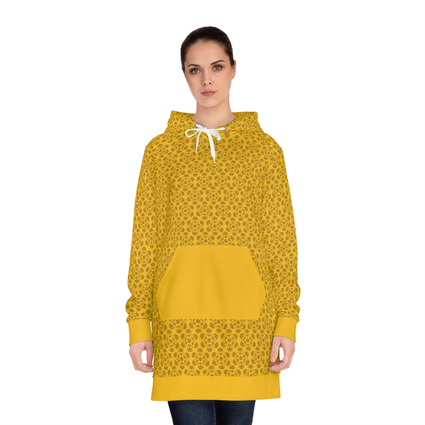 Womens Hoodie Dress  Alien Flowers Yellow