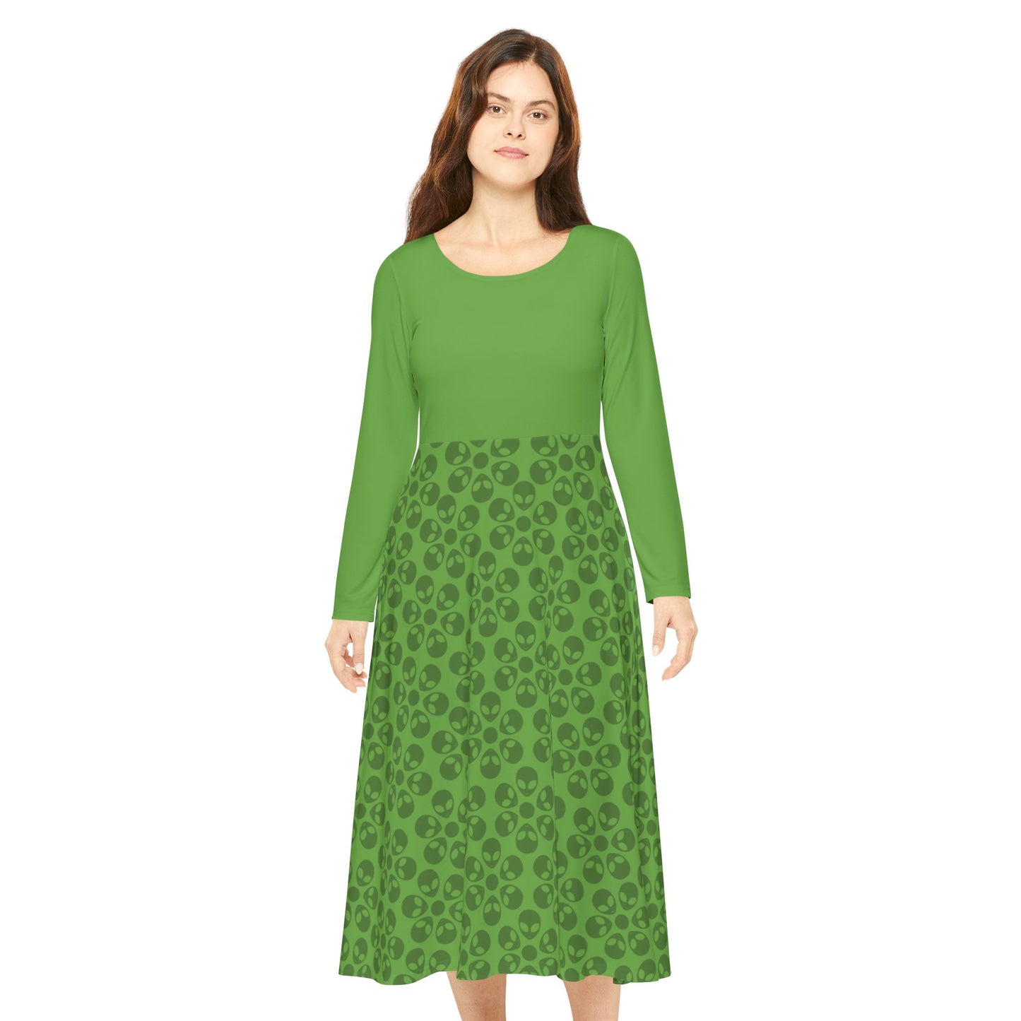 Womens Long Sleeve Dance Dress Alien Flowers Green