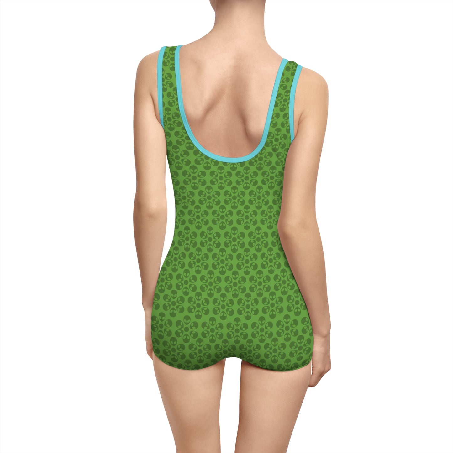 Womens Vintage Swimsuit  Alien Flowers Green