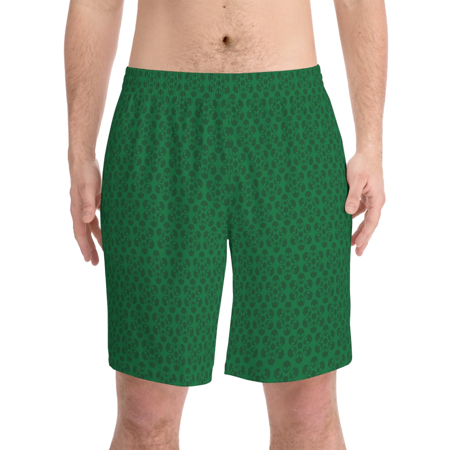 Mens Elastic Beach Shorts  Alien Flowers Dark Green