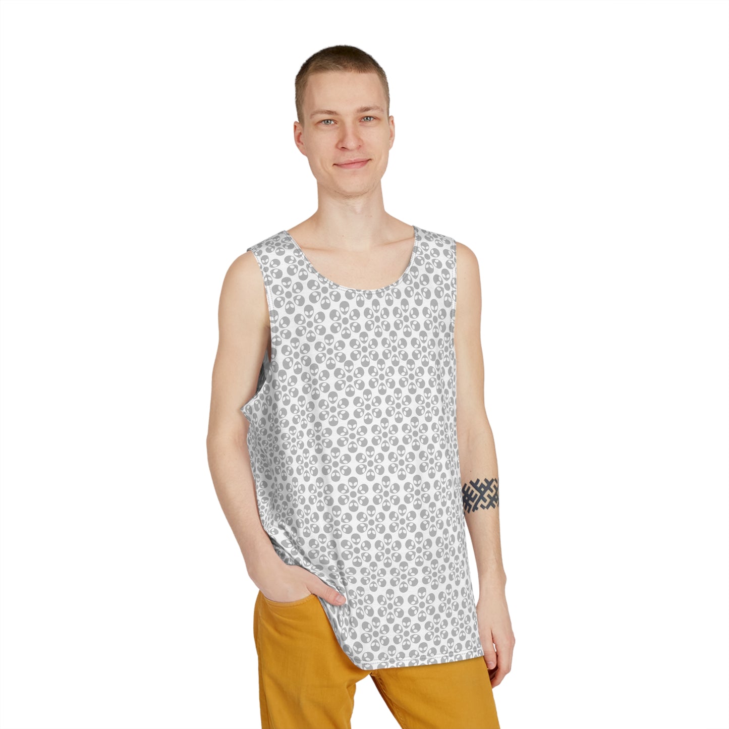 Stylish Mens Tank Top  AOP Leopard Print Summer Wear Fitness Gear Casual Apparel Trendy Vacation Outfit Alien Flowers White