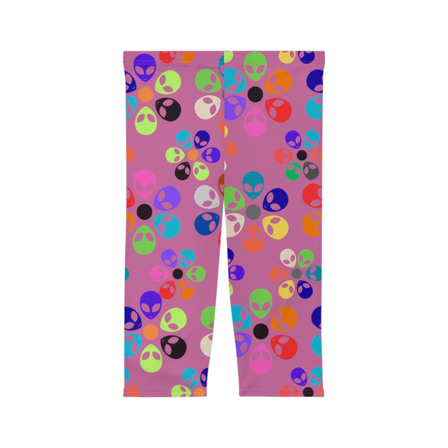 Vibrant Alien Print Capri Leggings for Women Fun Workout Pants Festival Wear Casual Summer Stylish Leggings Unique Gift Idea Alien Rainbow Flowers Light Pink