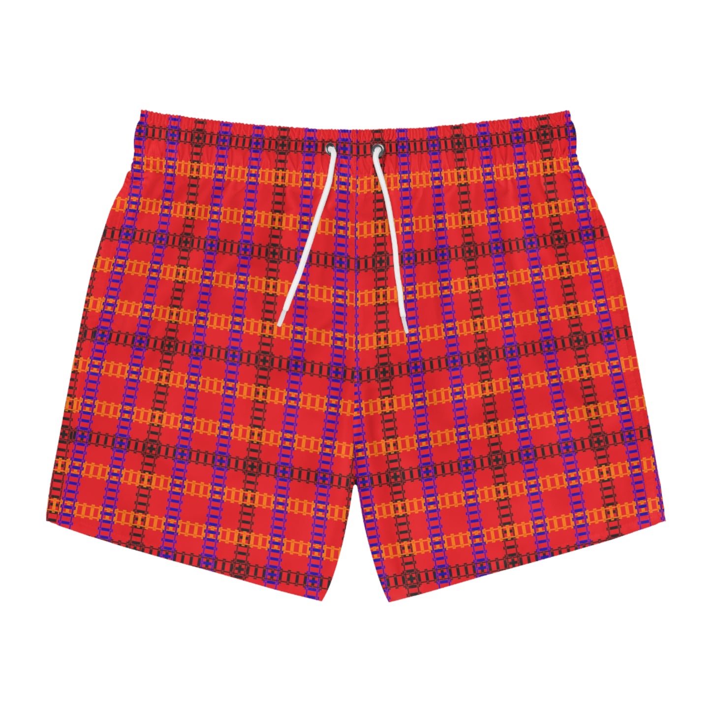 Vibrant Checkered Swim Trunks Beachwear for Summer Fun Vacation Essential Pool Party MustHave Mens Swim Shorts Train Tracks Red