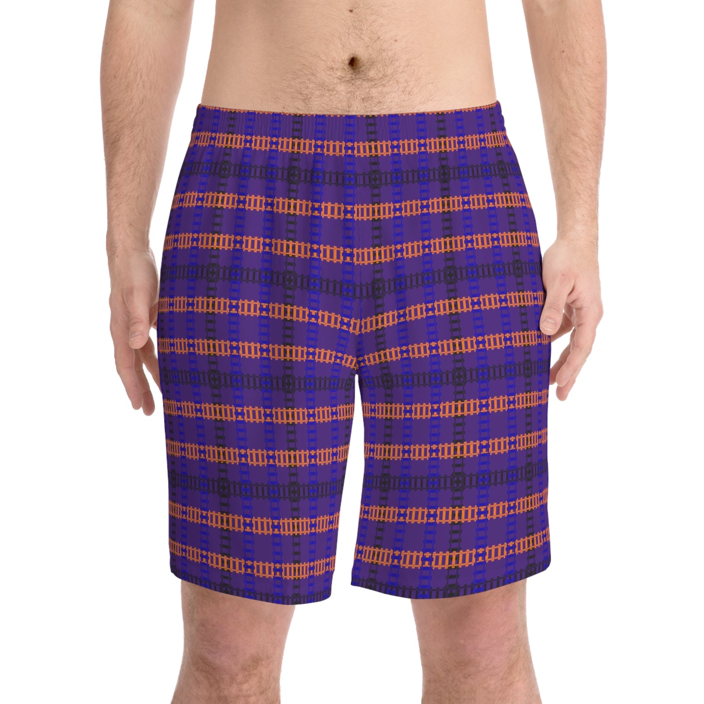 Mens Elastic Beach Shorts  Vibrant Plaid Print Casual Swimwear Summer Essentials Vacation Attire Poolside Fashion Beach Day  Train Tracks Purple