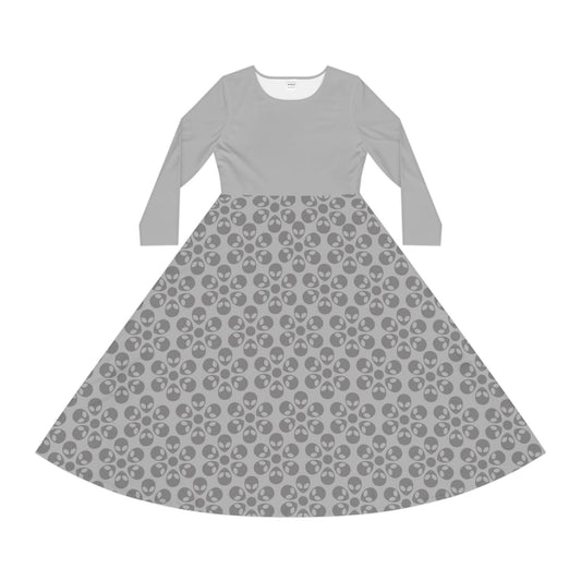 Womens Long Sleeve Dance Dress Alien Flowers Light Grey