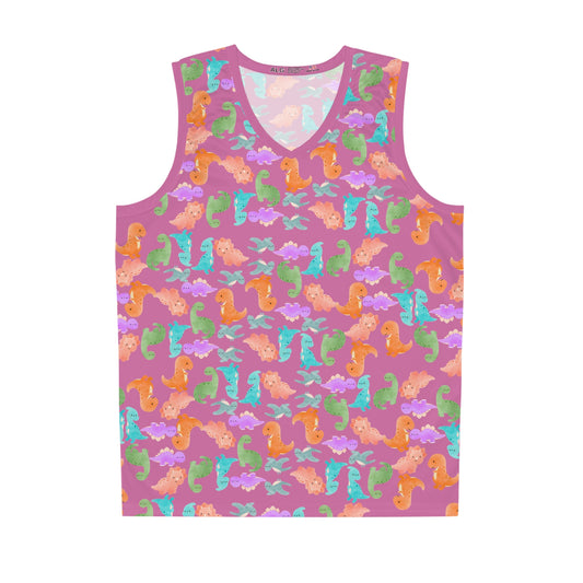 DinoInspired Basketball Jersey Vibrant Sport Tank Fun Summer Apparel Beach Style Gear Youth and Adult Sizes Unique Gift for Players Rainbow Dinos Light Pink