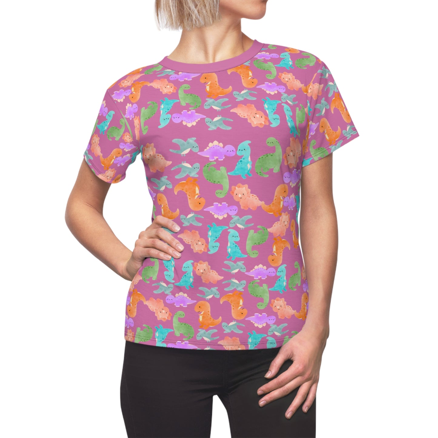 Colorful Dino Womens Tee Cute Summer Top Vibrant Casual Shirt Sea Animal Print Tee Gifts for Ocean Lovers Beachwear Rainbow Dinos Light Pink