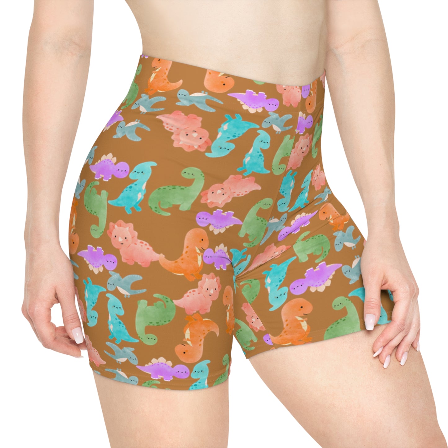 Colorful Dinosaur Womens Biker Shorts  AOP Perfect for Casual Wear workout Summer Birthdays Playdates Unique Gift Rainbow Dinos Light Brown