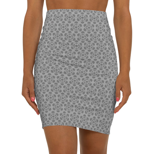 Womens MidWaist Pencil Skirt  Alien Flowers Light Grey