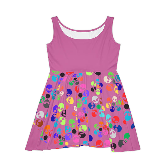 Colorful Alien Print Skater Dress Fun Summer Dress Casual Party Dress Unique Gift for Her Retro Style Dress Festival Fashion Alien Rainbow Flowers Light Pink