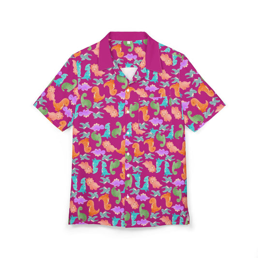 Vibrant Tropical Hawaiian Shirt for Summer Getaways Beachwear Casual Attire Vacation Luau Parties Rainbow Dinos Pink